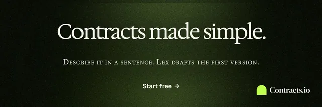 X header for contracts.io: "Contracts made simple." Dark deco style, smallcaps layout, dark palette in black, green.