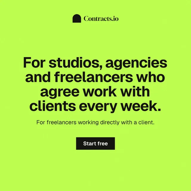Instagram post for contracts.io: "For studios, agencies and freelancers who agree work with clients every week." Swiss style, centred layout, light palette in green.