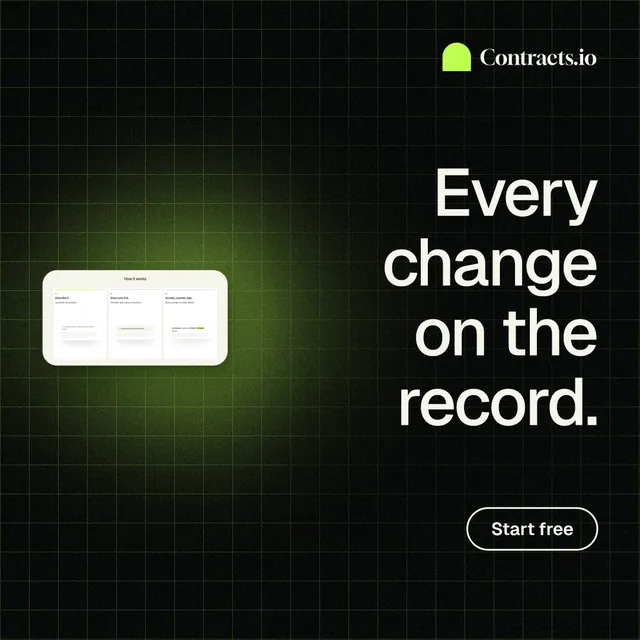 Instagram post for contracts.io: "Every change on the record." Phosphor atlas style, right layout, dark palette in black, grey.