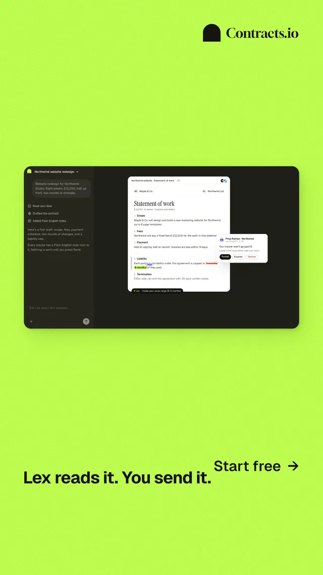 Instagram story for contracts.io: "Lex reads it. You send it." Swiss style, image led layout, light palette in green.
