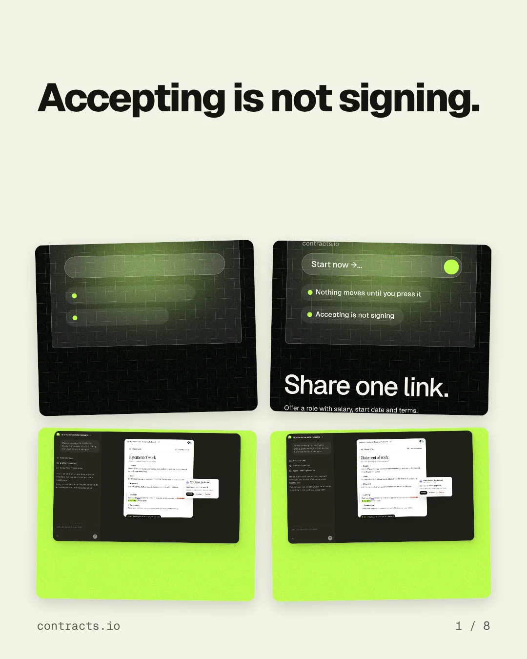 Carousel for contracts.io: "Accepting is not signing.". Collection carousel, 8 slides, light palette.