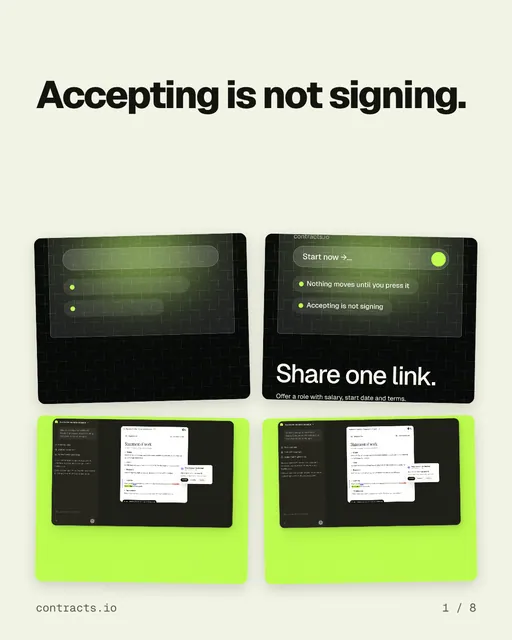 Carousel for contracts.io: "Accepting is not signing.". Collection carousel, 8 slides, light palette.