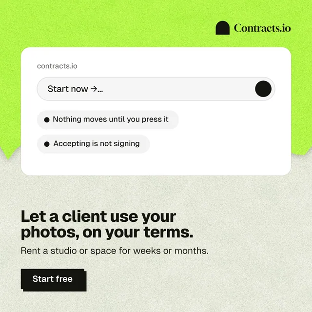 Instagram post for contracts.io: "Let a client use your photos, on your terms." Paper trio style, bottom layout, light palette in white, green, yellow.