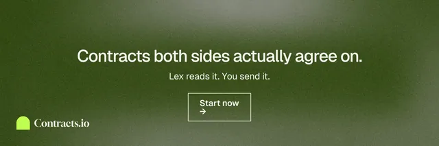 X header for contracts.io: "Contracts both sides actually agree on." Cyanotype style, centred layout, dark palette in green, grey.