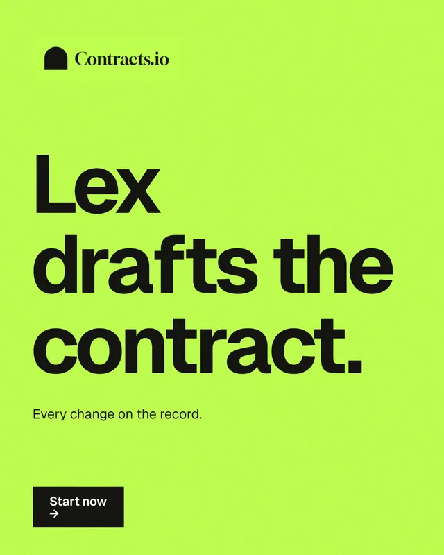Instagram portrait post for contracts.io: "Lex drafts the contract." Swiss style, announce layout, light palette in green.
