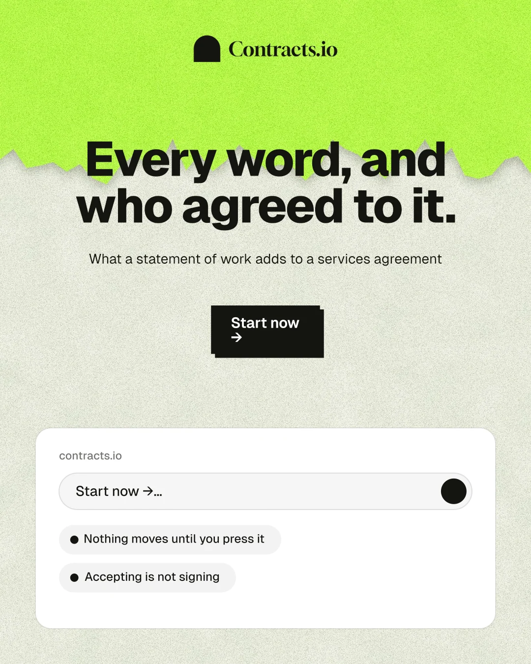 Instagram portrait post for contracts.io: "Every word, and who agreed to it." Paper trio style, centred layout, light palette in green, white, grey.
