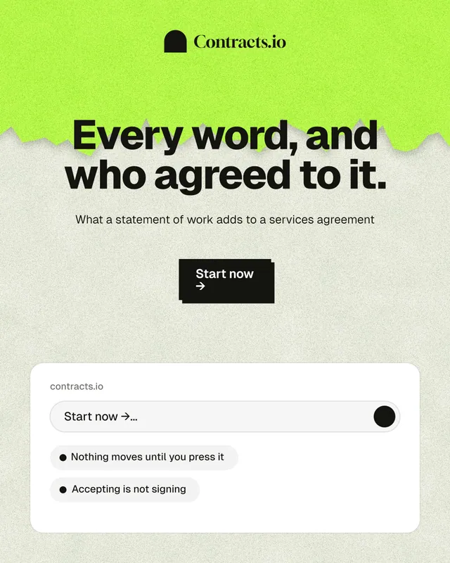 Instagram portrait post for contracts.io: "Every word, and who agreed to it." Paper trio style, centred layout, light palette in green, white, grey.