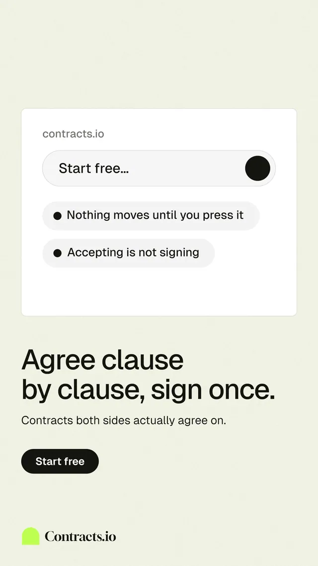 Instagram story for contracts.io: "Agree clause by clause, sign once." Data card style, bottom layout, light palette in white.