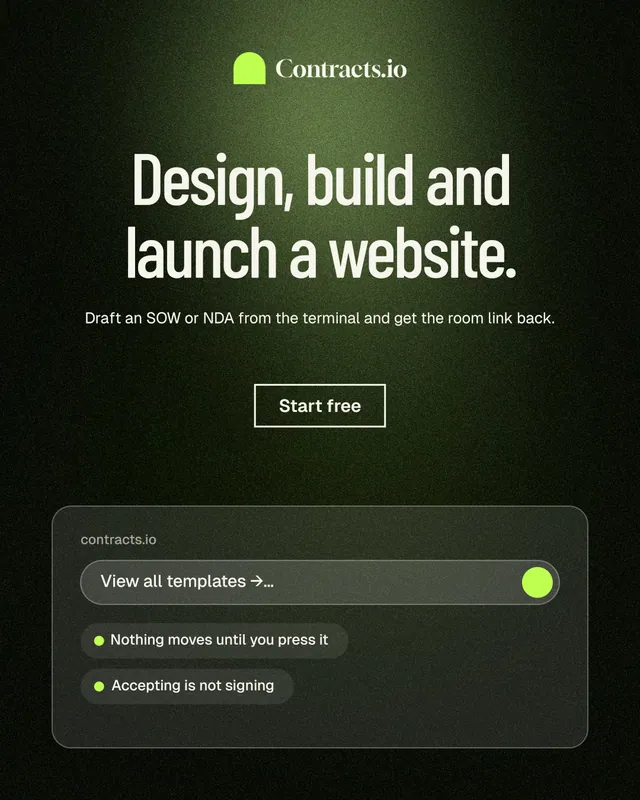 Instagram portrait post for contracts.io: "Design, build and launch a website." Dark deco style, centred layout, dark palette in black, green, grey.