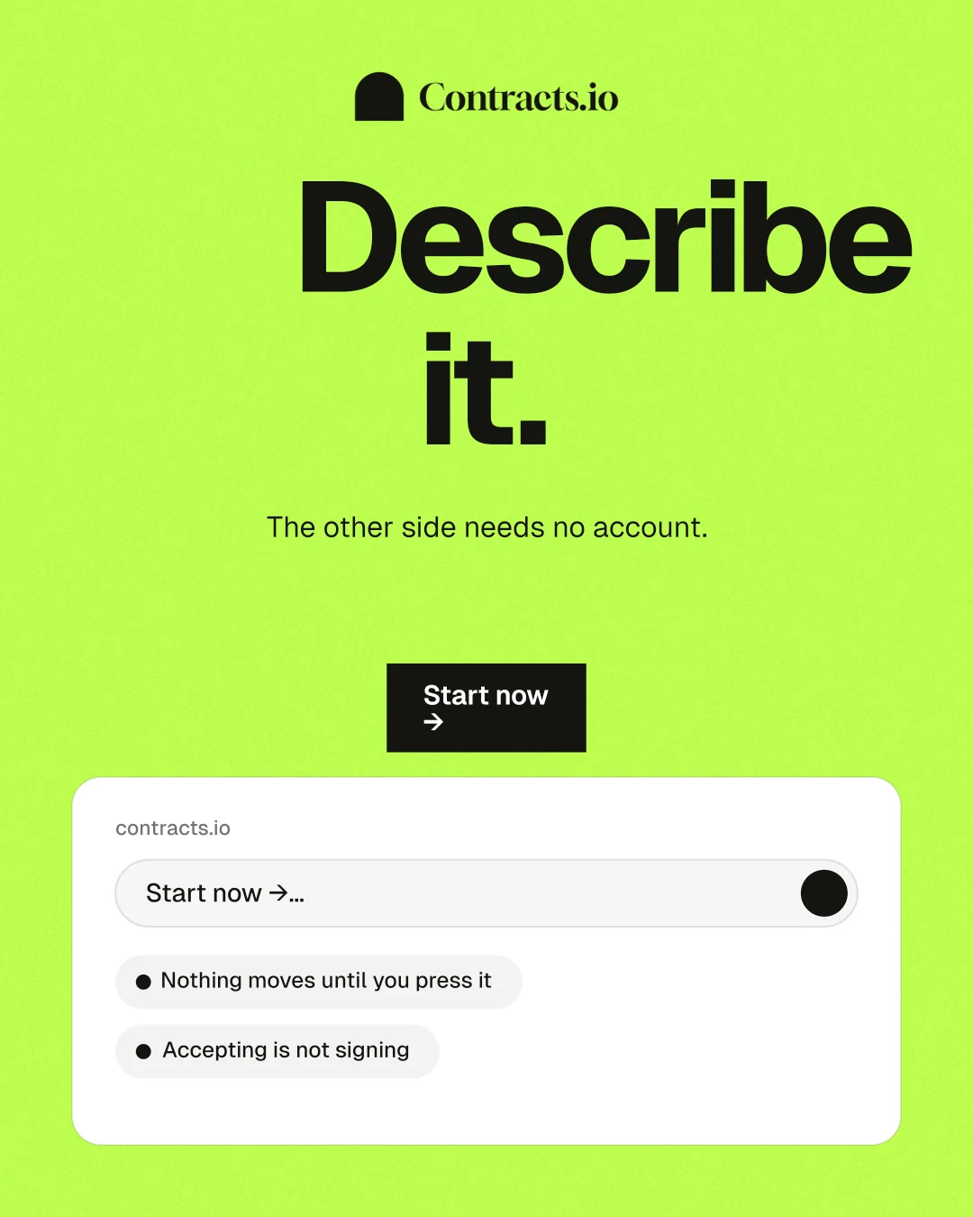 Instagram portrait post for contracts.io: "Describe it." Swiss style, centred layout, light palette in green, white.