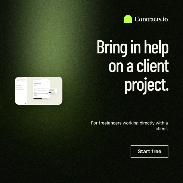Instagram post for contracts.io: "Bring in help on a client project." Dark deco style, right layout, dark palette in black, grey.