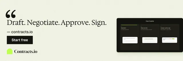 X header for contracts.io: "Draft. Negotiate. Approve. Sign." Swiss style, quote layout, light palette in white, grey, green.