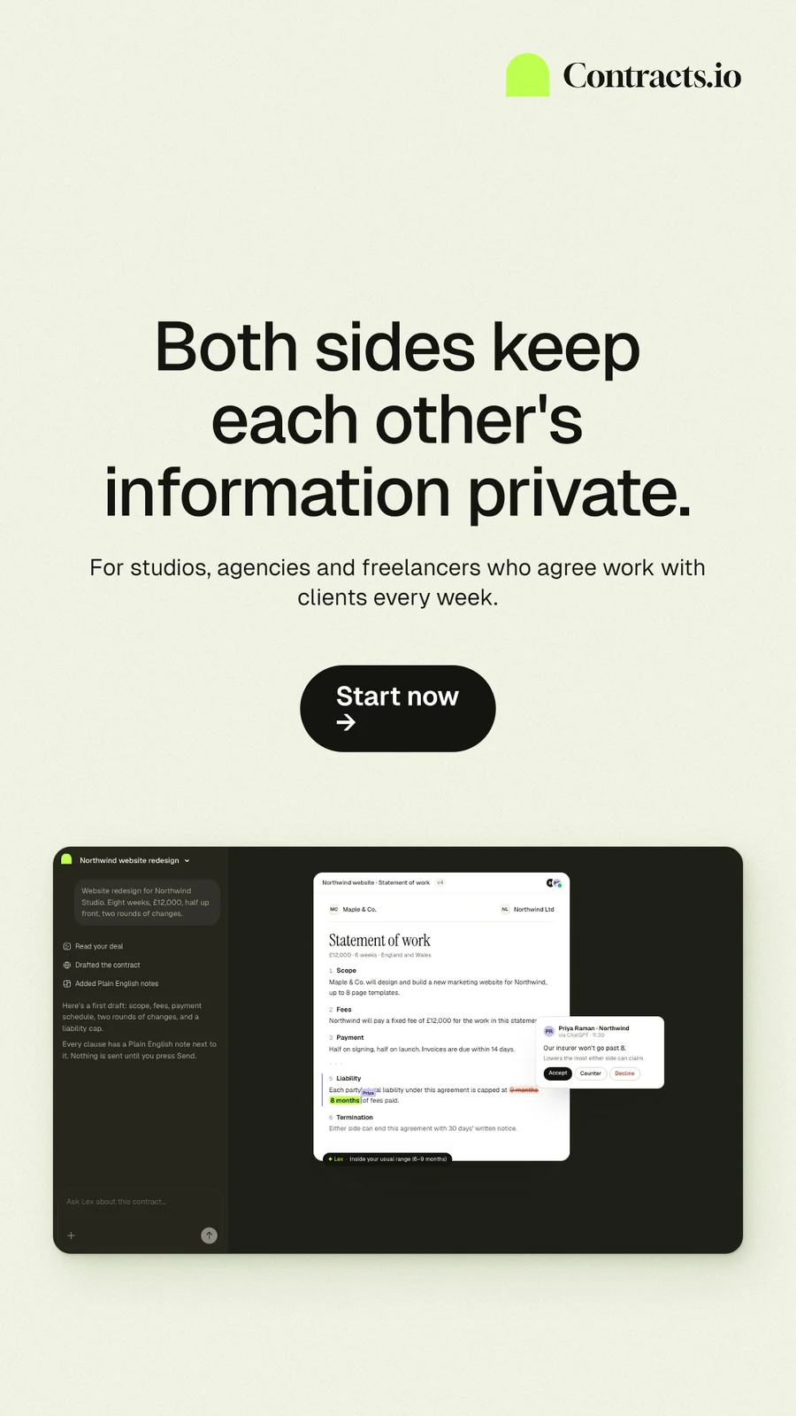 Instagram story for contracts.io: "Both sides keep each other's information private." Data card style, centred layout, light palette in white, grey, green.