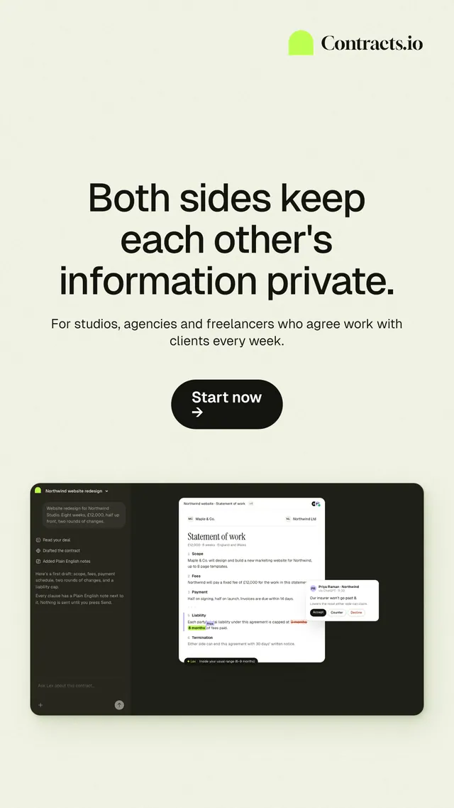 Instagram story for contracts.io: "Both sides keep each other's information private." Data card style, centred layout, light palette in white, grey, green.