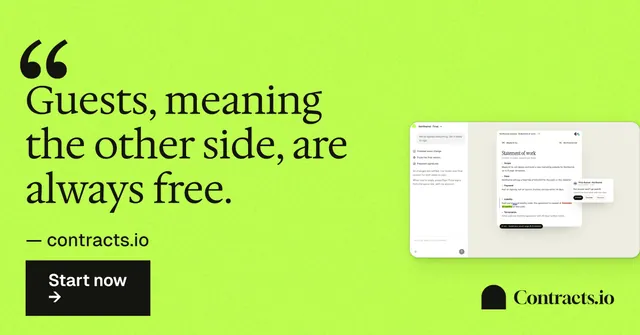 Social ad for contracts.io: "Guests, meaning the other side, are always free." Swiss style, quote layout, light palette in green.