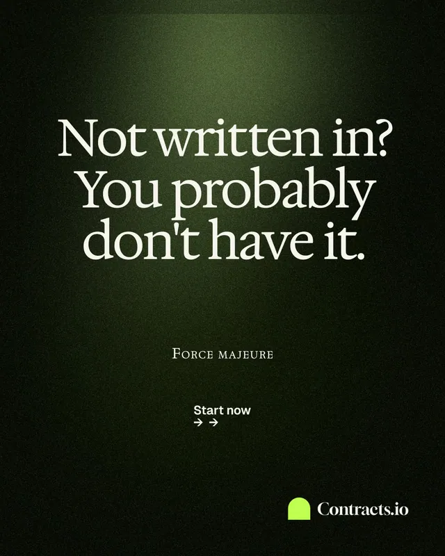 Instagram portrait post for contracts.io: "Not written in? You probably don't have it." Dark deco style, smallcaps layout, dark palette in black, green, grey.