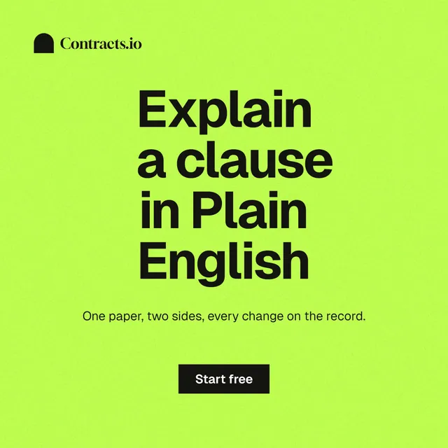 Instagram post for contracts.io: "Explain a clause in Plain English". Swiss style, centred layout, light palette in green.