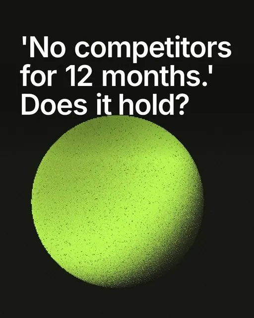 Video for contracts.io: "'No competitors for 12 months.' Does it hold?". Shader loop, 6.0 s, dark palette.
