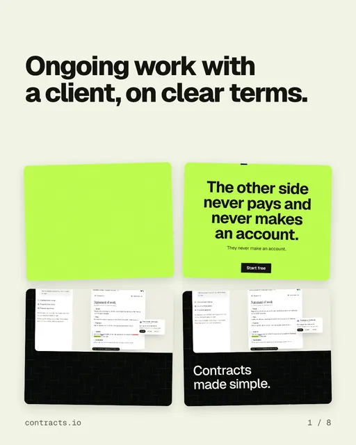 Carousel for contracts.io: "Ongoing work with a client, on clear terms.". Collection carousel, 8 slides, light palette.