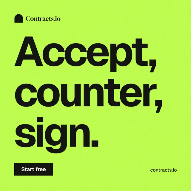 Instagram post for contracts.io: "Accept, counter, sign." Swiss style, poster layout, light palette in green.