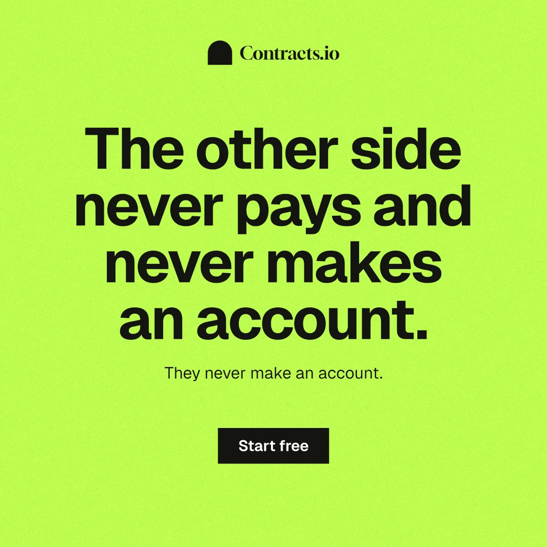 Instagram post for contracts.io: "The other side never pays and never makes an account." Swiss style, centred layout, light palette in green.
