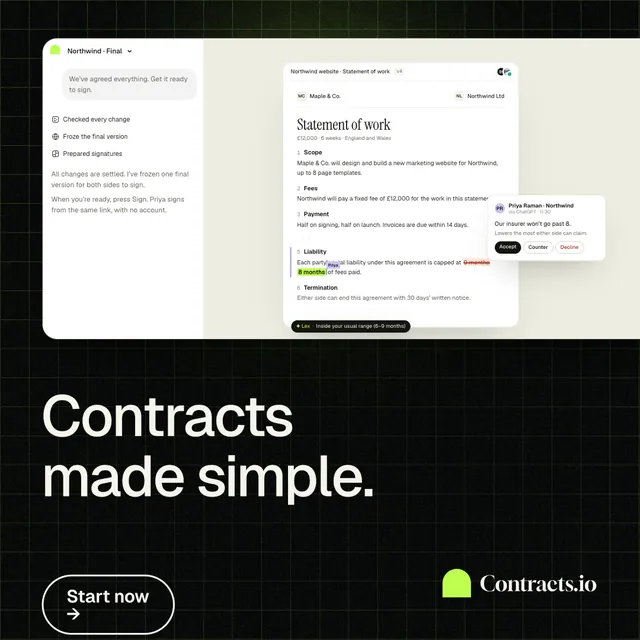 Instagram post for contracts.io: "Contracts made simple." Phosphor atlas style, bottom layout, light palette in white, black.