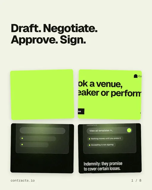 Carousel for contracts.io: "Draft. Negotiate. Approve. Sign.". Collection carousel, 8 slides, light palette.