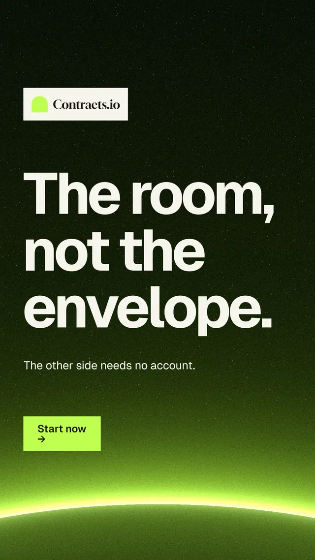 Instagram story for contracts.io: "The room, not the envelope." Swiss style, announce layout, dark palette in green, black.