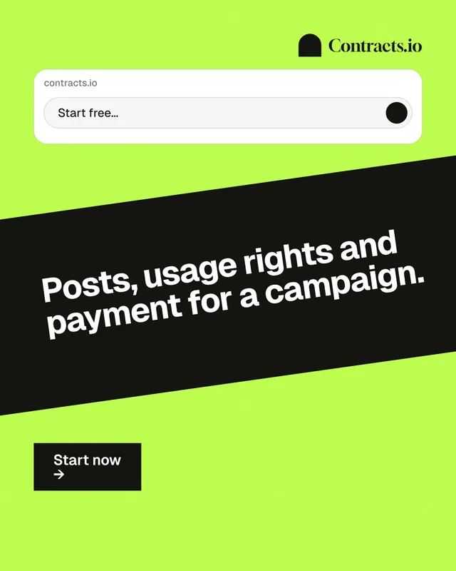 Instagram portrait post for contracts.io: "Posts, usage rights and payment for a campaign." Swiss style, diagonal layout, light palette in black, green.