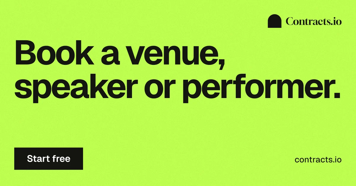 Social ad for contracts.io: "Book a venue, speaker or performer." Swiss style, poster layout, light palette in green.