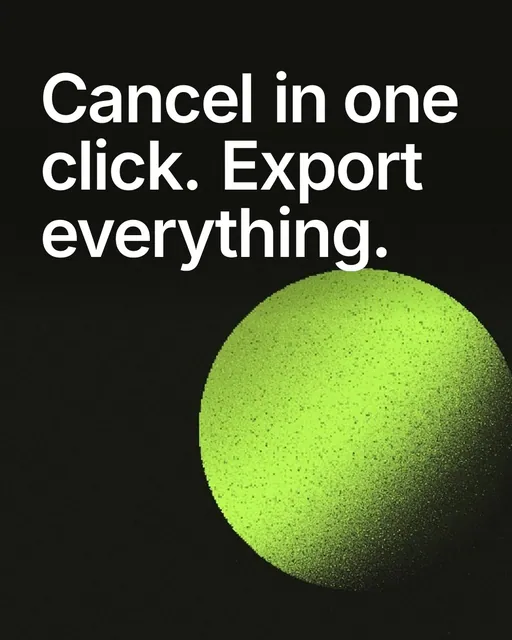 Video for contracts.io: "Cancel in one click. Export everything.". Shader loop, 6.0 s, dark palette.