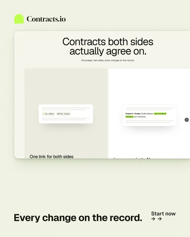 Instagram portrait post for contracts.io: "Every change on the record." Swiss style, image led layout, light palette in yellow, white, grey.