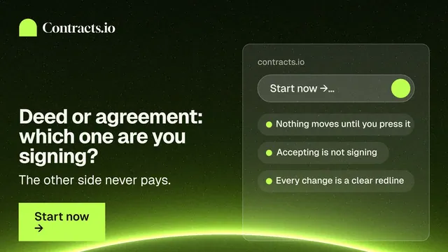 Landscape graphic for contracts.io: "Deed or agreement: which one are you signing?" Swiss style, bottom layout, dark palette in black, green.