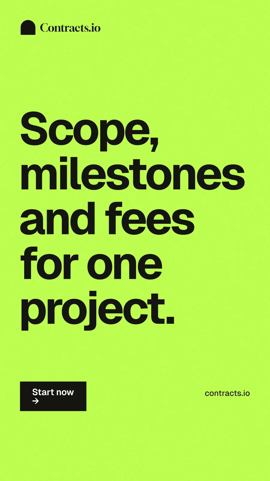 Instagram story for contracts.io: "Scope, milestones and fees for one project." Swiss style, poster layout, light palette in green.