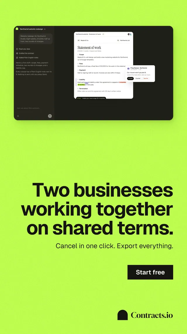 Instagram story for contracts.io: "Two businesses working together on shared terms." Swiss style, right layout, light palette in green.