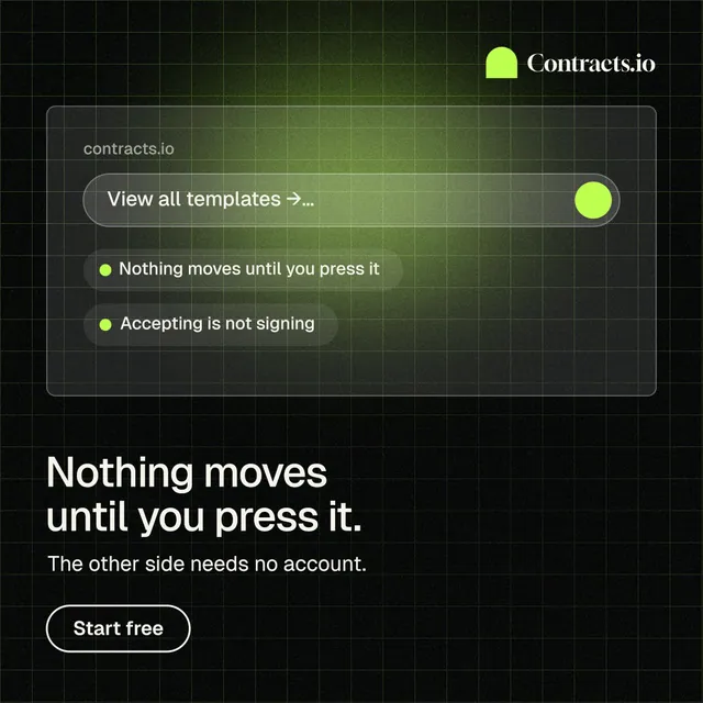 Instagram post for contracts.io: "Nothing moves until you press it." Phosphor atlas style, bottom layout, dark palette in black, green.