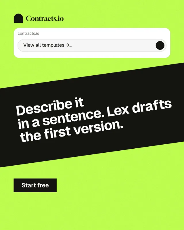 Instagram portrait post for contracts.io: "Describe it in a sentence. Lex drafts the first version." Swiss style, diagonal layout, light palette in green, black, grey.