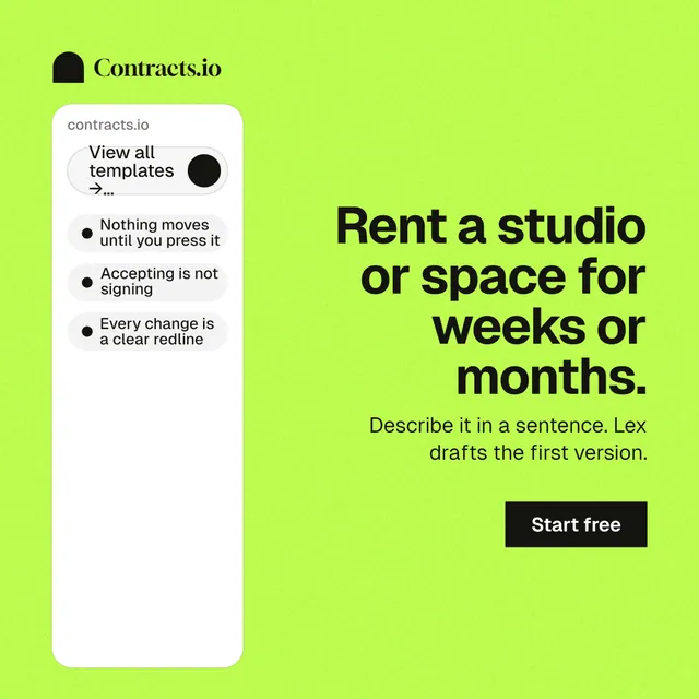 Instagram post for contracts.io: "Rent a studio or space for weeks or months." Swiss style, right layout, light palette in green.