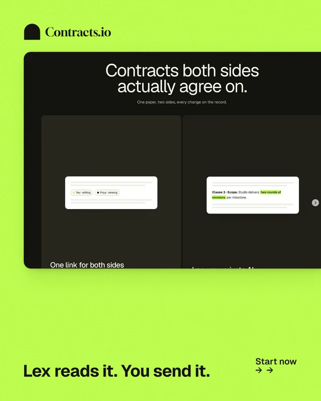 Instagram portrait post for contracts.io: "Lex reads it. You send it." Swiss style, image led layout, light palette in green, black.