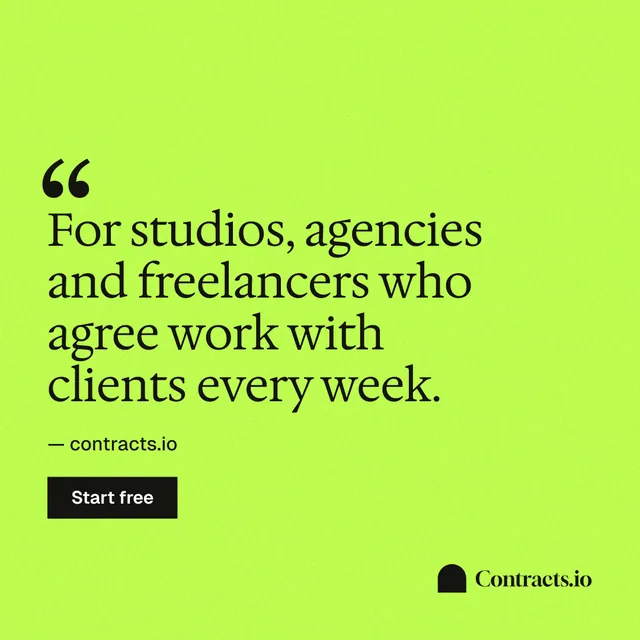 Instagram post for contracts.io: "For studios, agencies and freelancers who agree work with clients every week." Swiss style, quote layout, light palette in green.