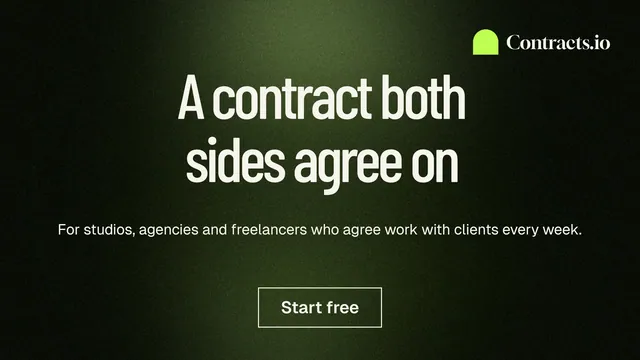 Landscape graphic for contracts.io: "A contract both sides agree on". Dark deco style, centred layout, dark palette in black, grey.