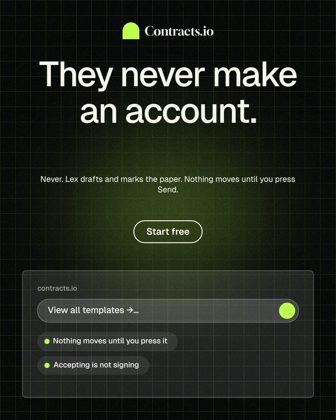 Instagram portrait post for contracts.io: "They never make an account." Phosphor atlas style, centred layout, dark palette in black, grey.