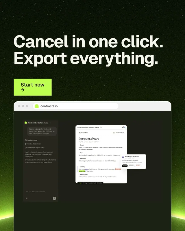 Instagram portrait post for contracts.io: "Cancel in one click. Export everything." Swiss style, browser layout, dark palette in black, green, grey.