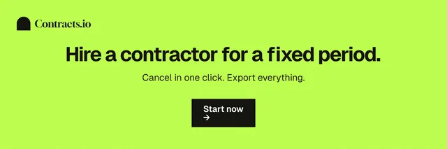 X header for contracts.io: "Hire a contractor for a fixed period." Swiss style, centred layout, light palette in green.