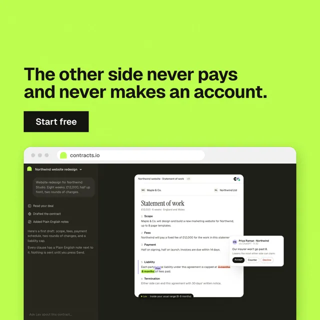 Instagram post for contracts.io: "The other side never pays and never makes an account." Swiss style, browser layout, light palette in black, green.