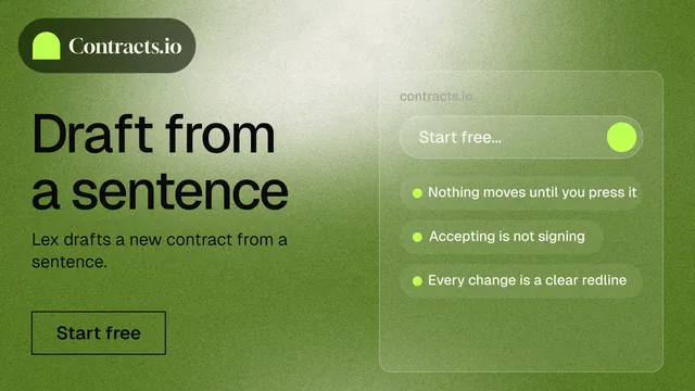 Landscape graphic for contracts.io: "Draft from a sentence". Cyanotype style, bottom layout, light palette in green.