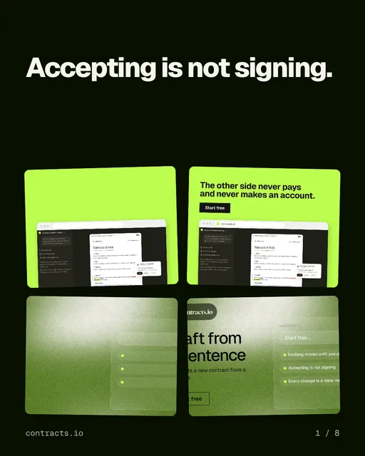 Carousel for contracts.io: "Accepting is not signing.". Collection carousel, 8 slides, dark palette.