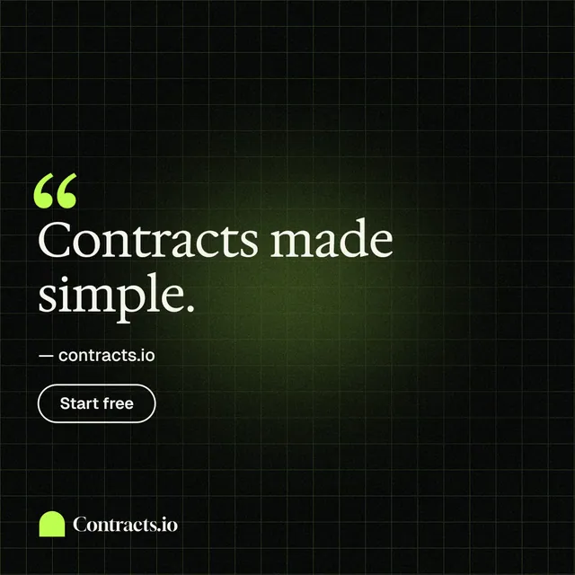 Instagram post for contracts.io: "Contracts made simple." Phosphor atlas style, quote layout, dark palette in black, green.