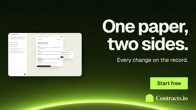 Landscape graphic for contracts.io: "One paper, two sides." Swiss style, right layout, dark palette in green, black.
