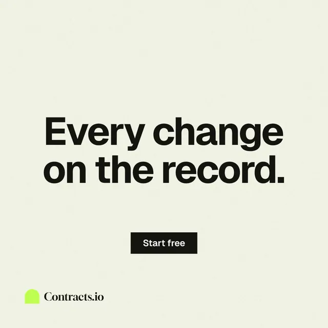 Instagram post for contracts.io: "Every change on the record." Swiss style, centred layout, light palette in white, grey.